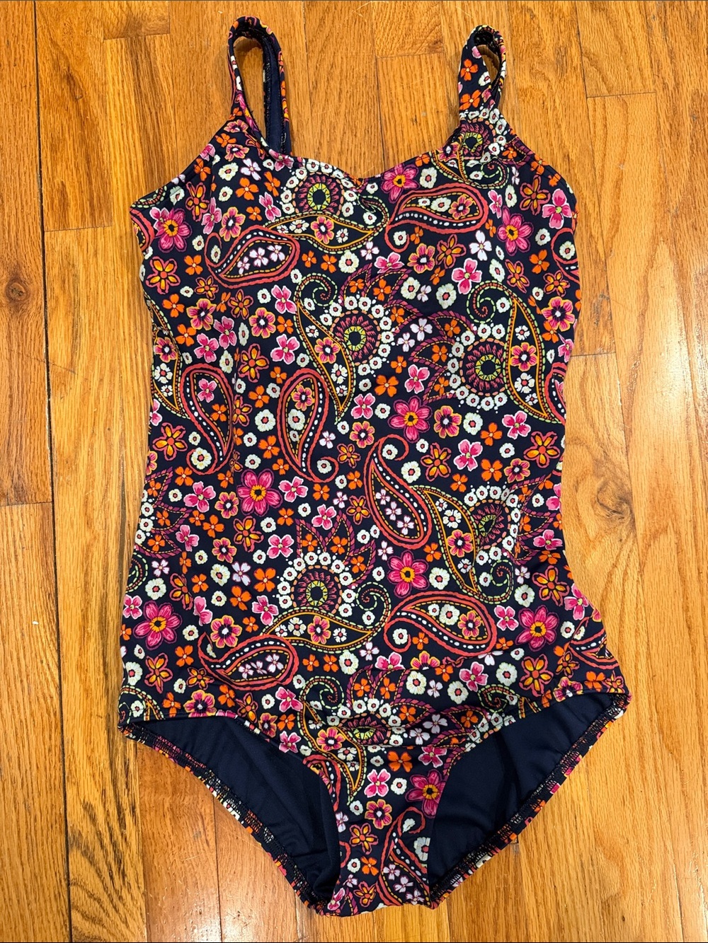 10DDD Lands' End Navy One-Piece Swimsuit with Pink & Orange Paisley Accents